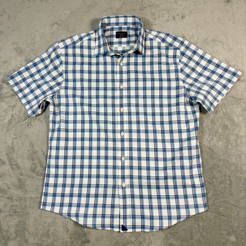 UNTUCKit Mens Medium Booker Short Sleeve Button Down Plaid Shirt Performance